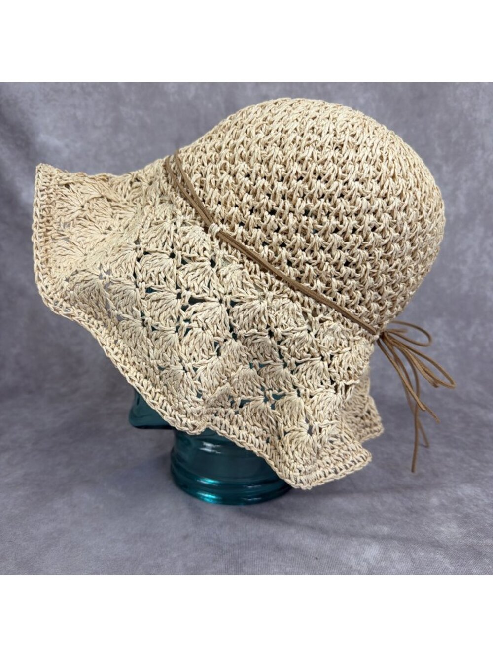 Womens Jane & Berry Paper Straw Hat Floppy Wide Brim Ribbon Beach Sun M/L